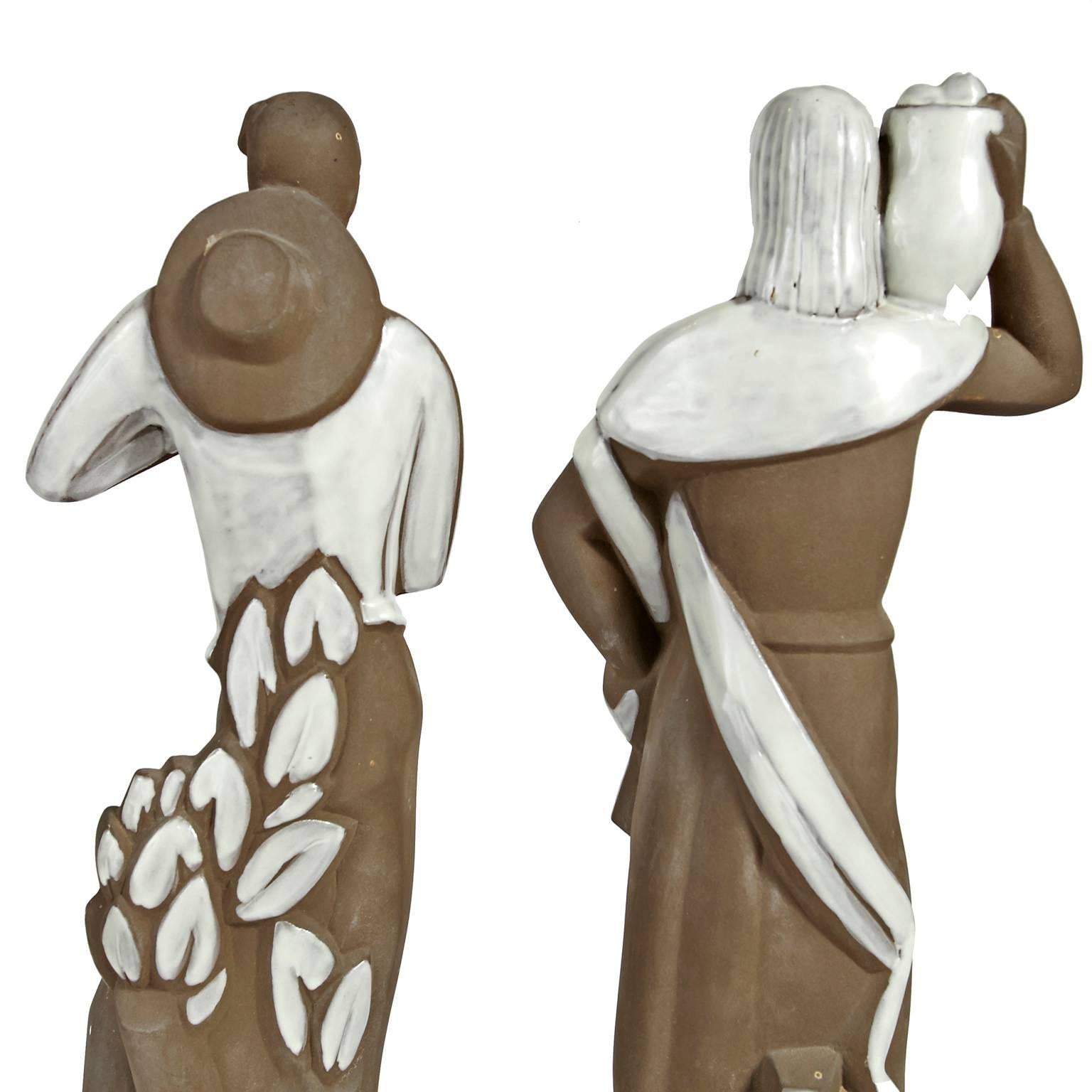 Glazed Striking Pair of Ceramic WPA Era/Art Deco Figurines Depicting Workers For Sale