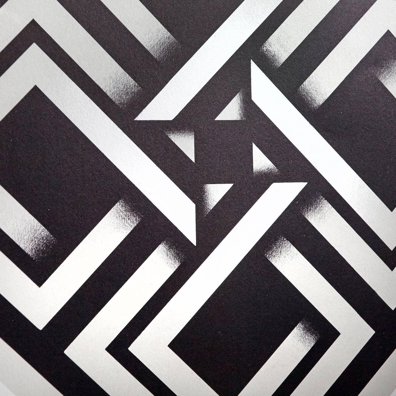 Geometric abstract, black and white lithograph by Columbian artist Omar Rayo.
Signed Lower Left, A.P. Omar Rayo Xaphan 68.
Rayo (1928-2010) was a renowned Colombian painter and sculptor. He was one of the leading Op Art practitioners in Latin