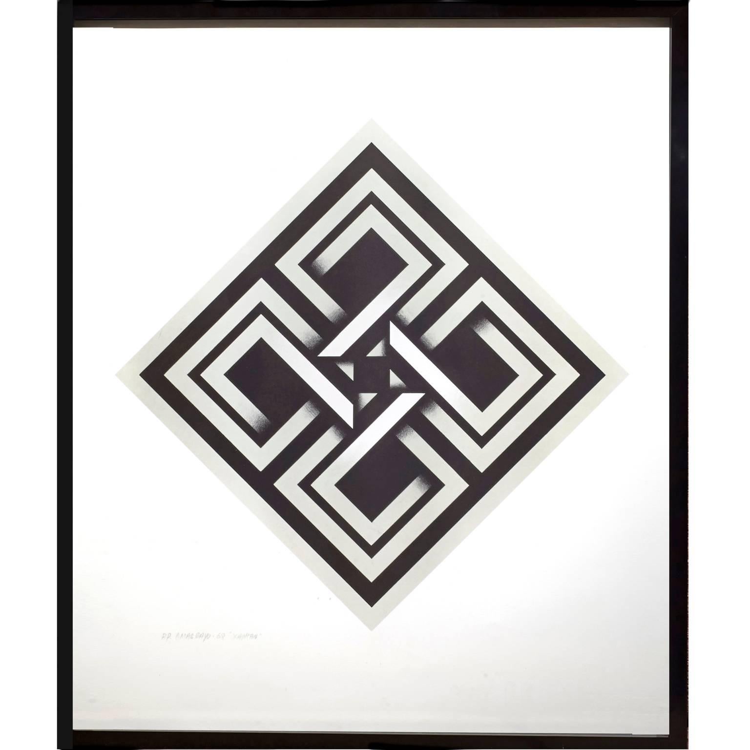 20th Century Omar Rayo, Geometric Abstract Black and White Lithograph, Titled, Xaphan For Sale