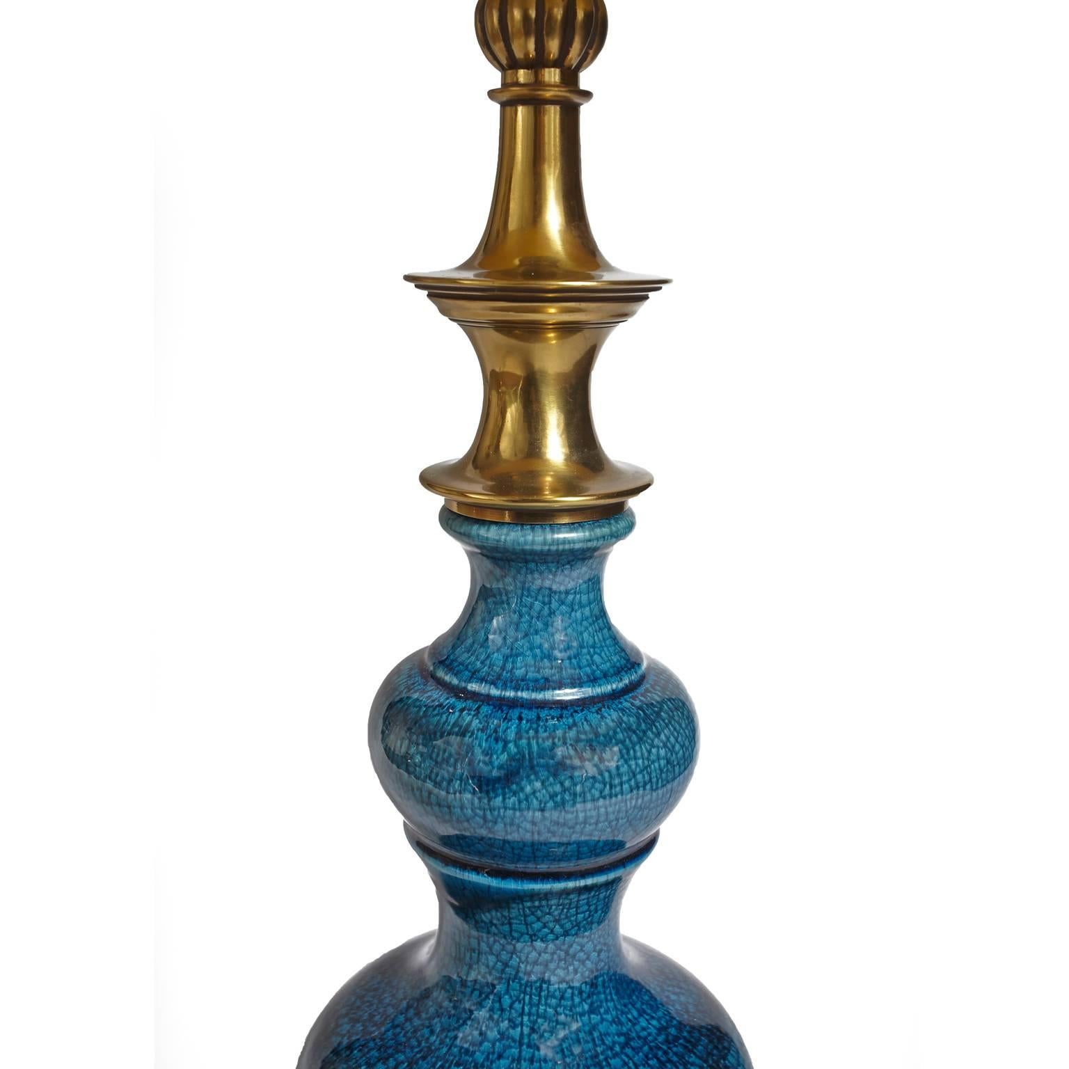 Glazed Stiffel, Blue Ceramic, Mid-Century Modern Table Lamp with Original Shade For Sale