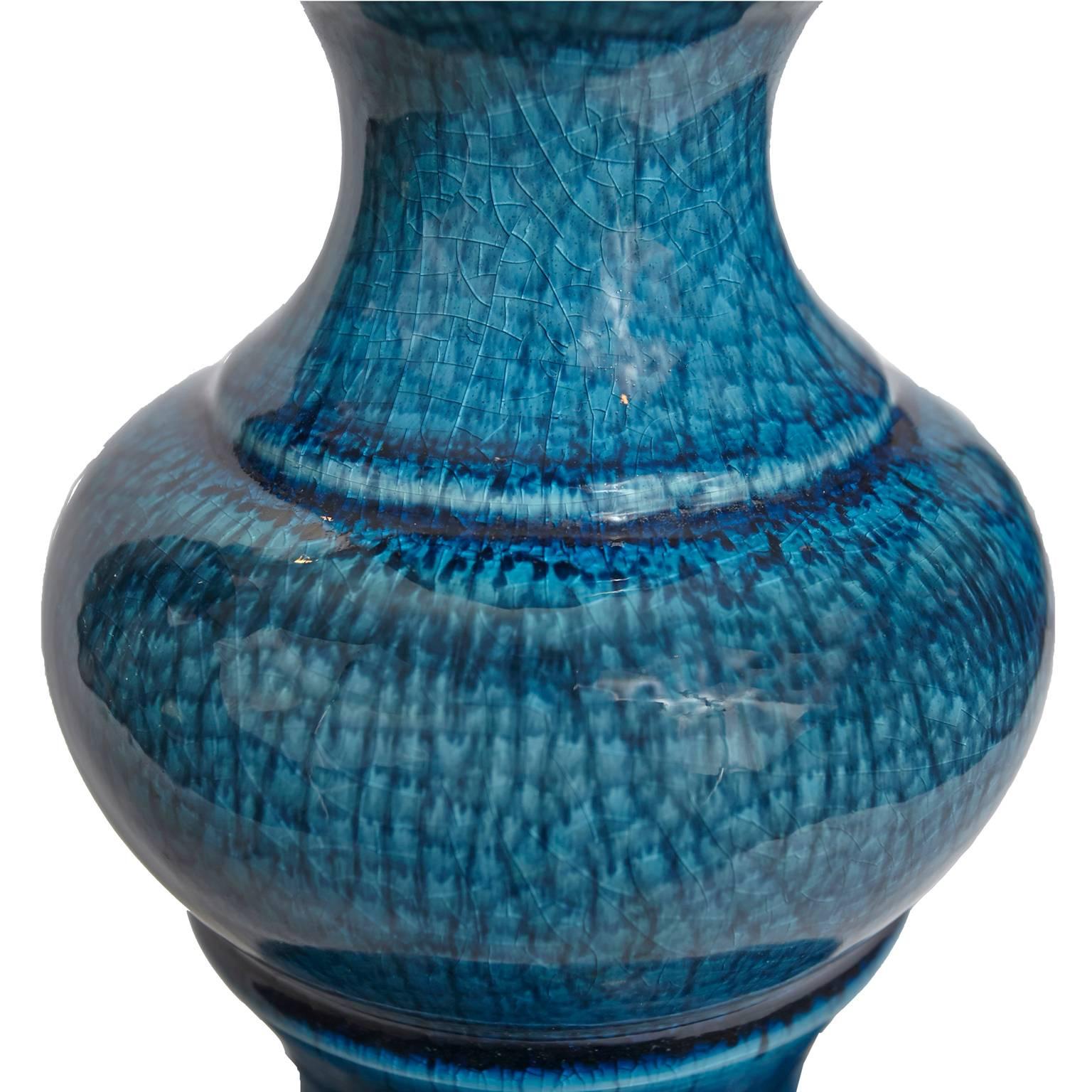 20th Century Stiffel, Blue Ceramic, Mid-Century Modern Table Lamp with Original Shade For Sale
