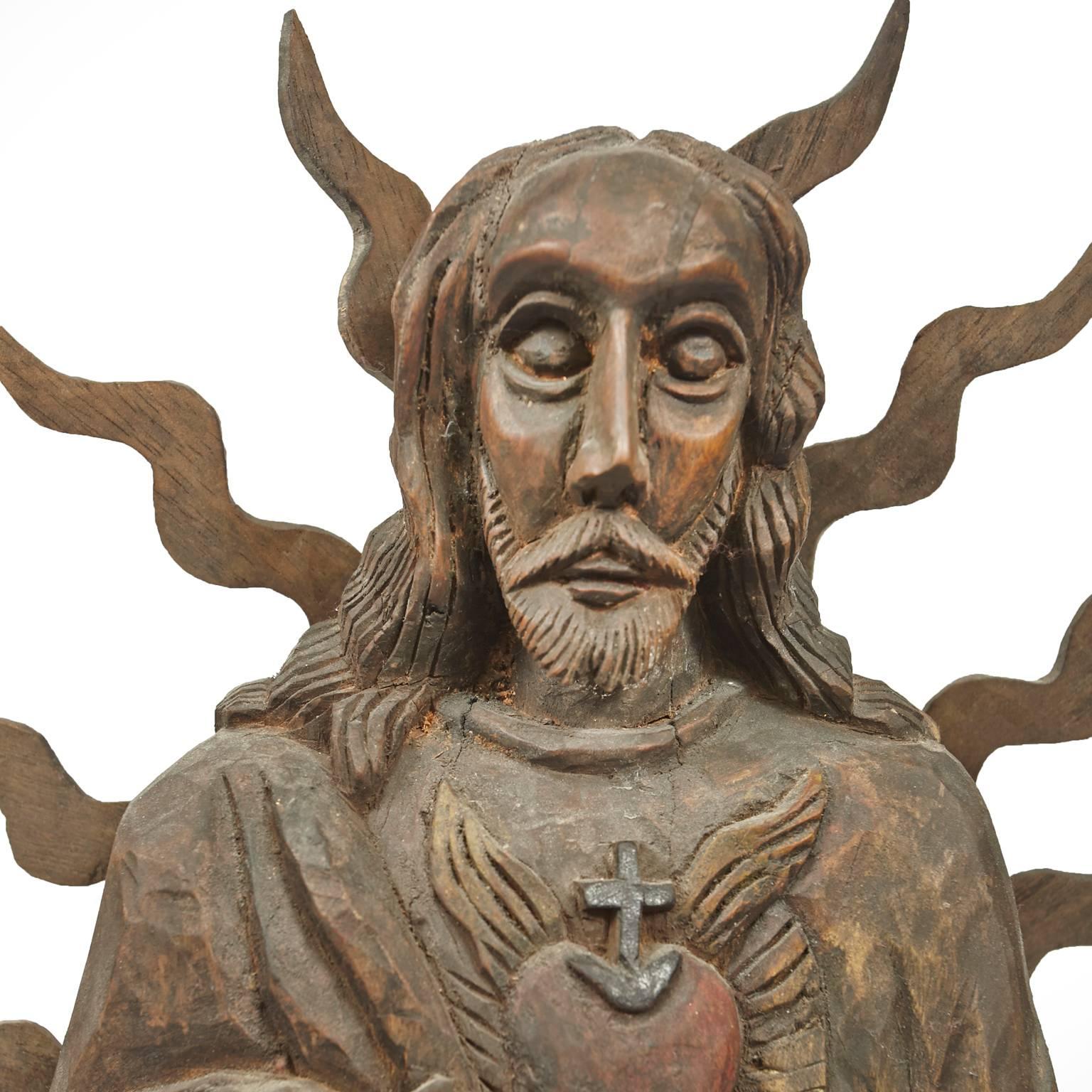 Sacred Heart of Jesus and Virgin of Guadalupe Hand-Carved Statue In Good Condition In Tucson, AZ