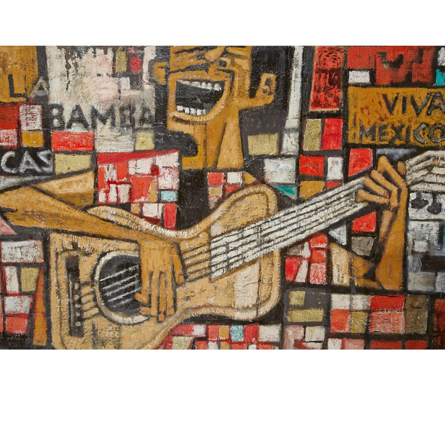 Large oil on canvas by Tucson, AZ. artist Eugene MacKaben.  Colorful Reds, Gold, Black and White colors with a Mexico Theme of Guitar player.

Eugene Henry Mackaben (1920 - 1984) 
A World War II veteran from Chicago, Mackaben received a diploma in
