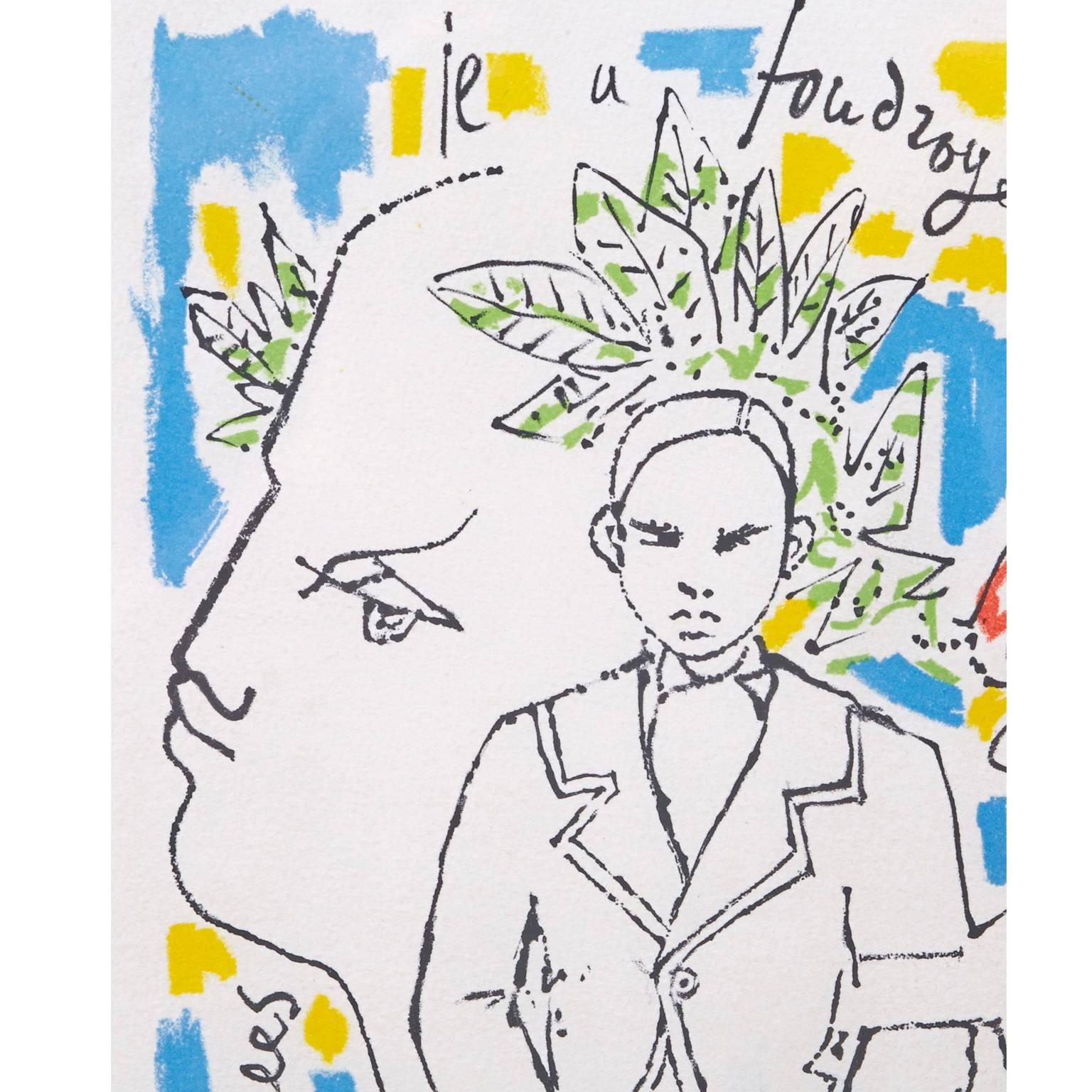 French Jean Cocteau Colored Lithograph, Head of the Poet and Portrait of Arthur Rimbaud
