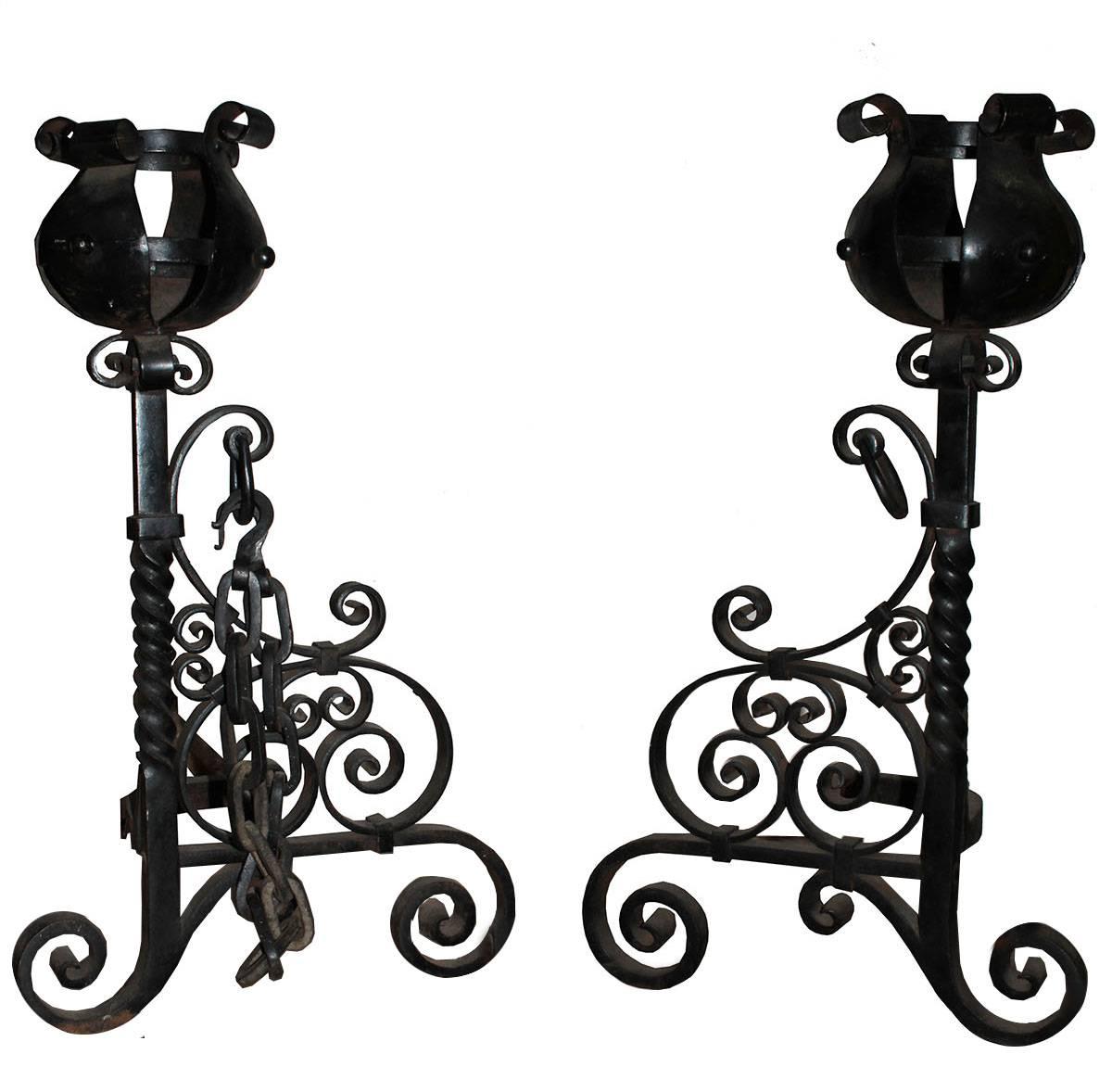 Victorian Large Late 19th Century Wrought Andirons  For Sale