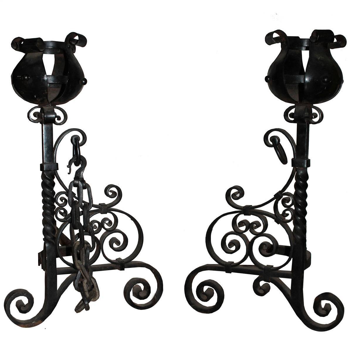 Victorian Large Late 19th Century Wrought Andirons For Sale