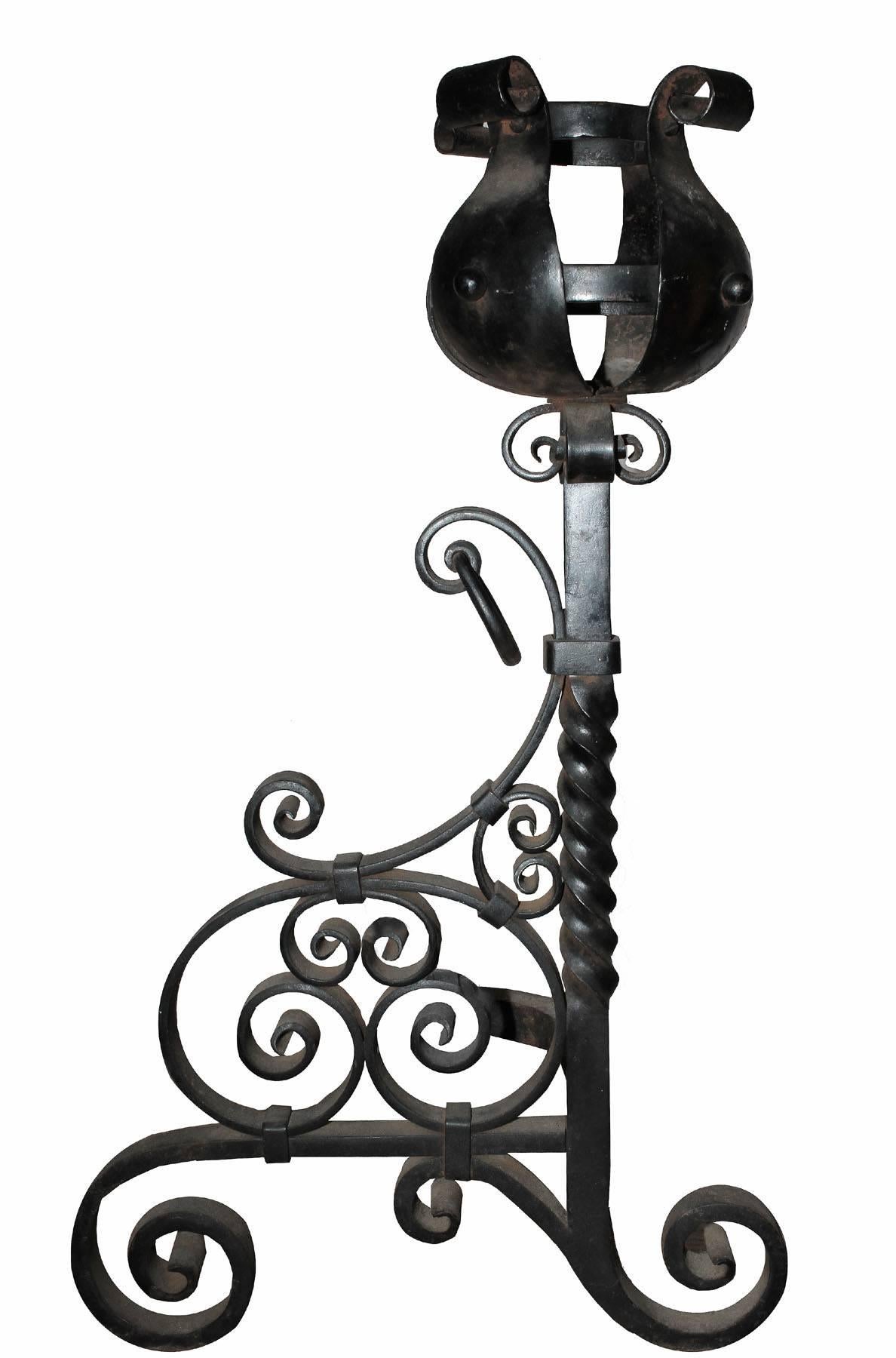 American Large Late 19th Century Wrought Andirons  For Sale