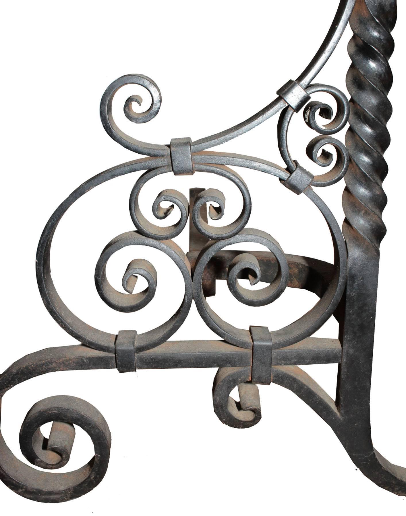 Large Late 19th Century Wrought Andirons  In Excellent Condition For Sale In Sag Harbor, NY