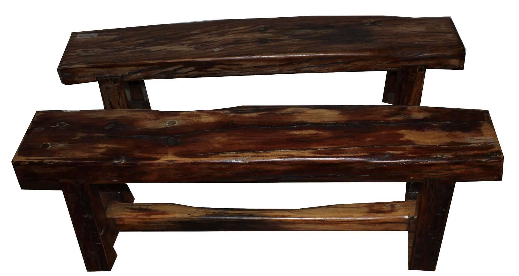 These benches where made from railroad ties used in the construction of the steam railways of central Africa. They are made from rich teak wood thick with natural oils and a beautiful natural patina. Each bench is constructed by hand with Primitive