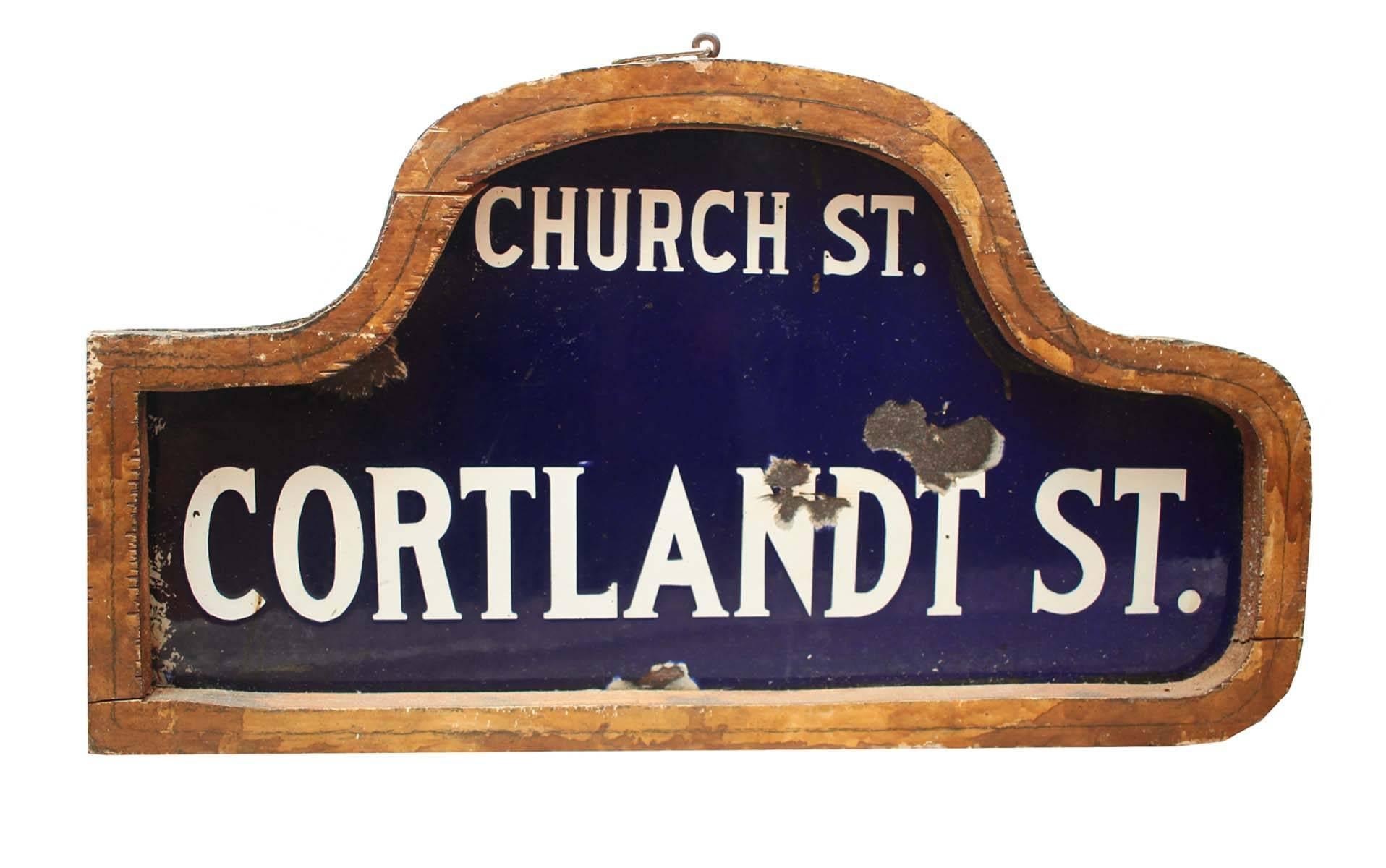 This is a vintage and historic New York City humpback porcelain street sign. Two-sided, this sign has the Classic blue and white porcelain finish. Lower Manhattan from the corner of Church and Cortlandt Street New York City, An amazing piece of New