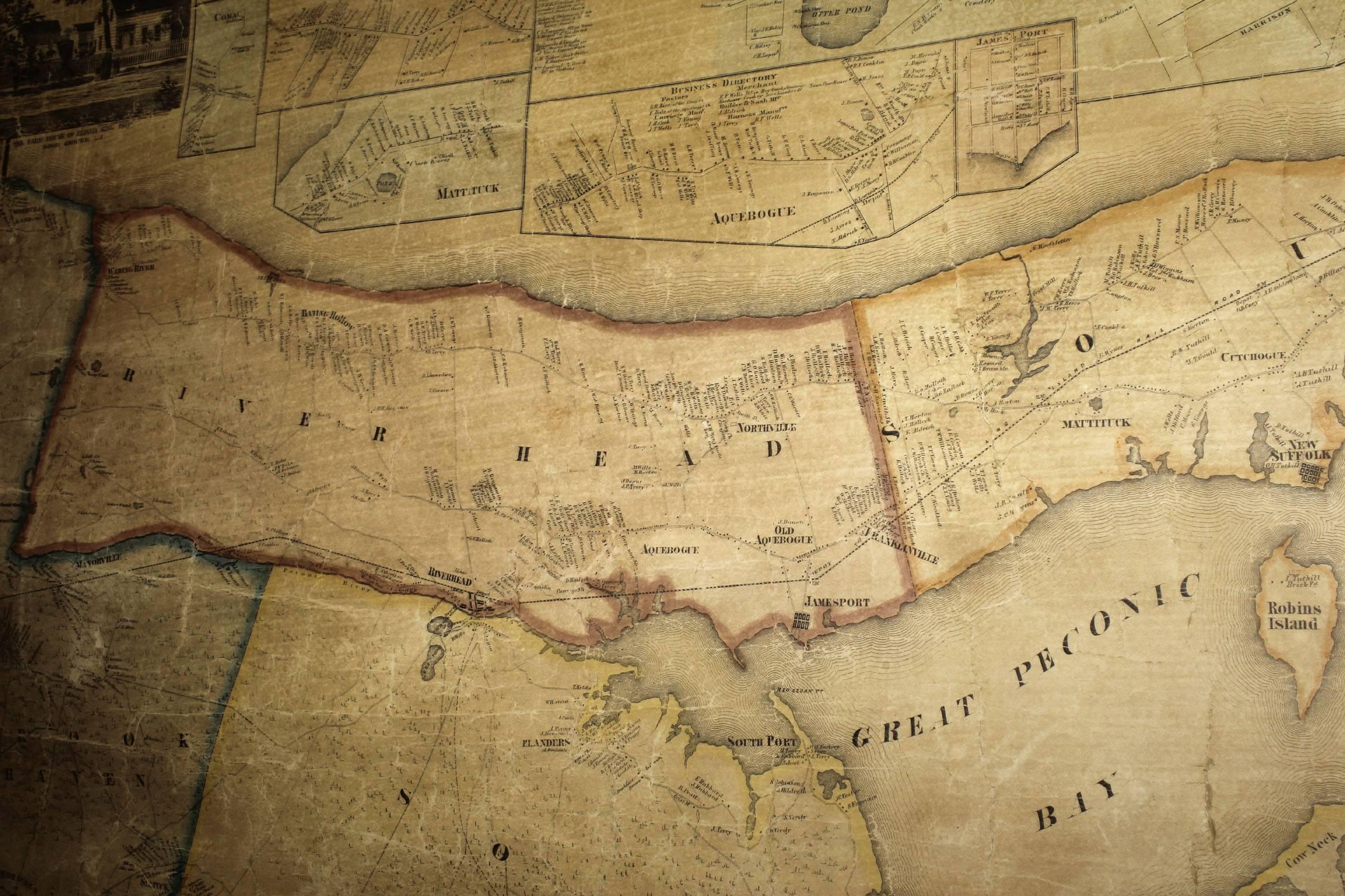Framed Mid-19th Century Wall Map of Long Island, the Hamptons 1