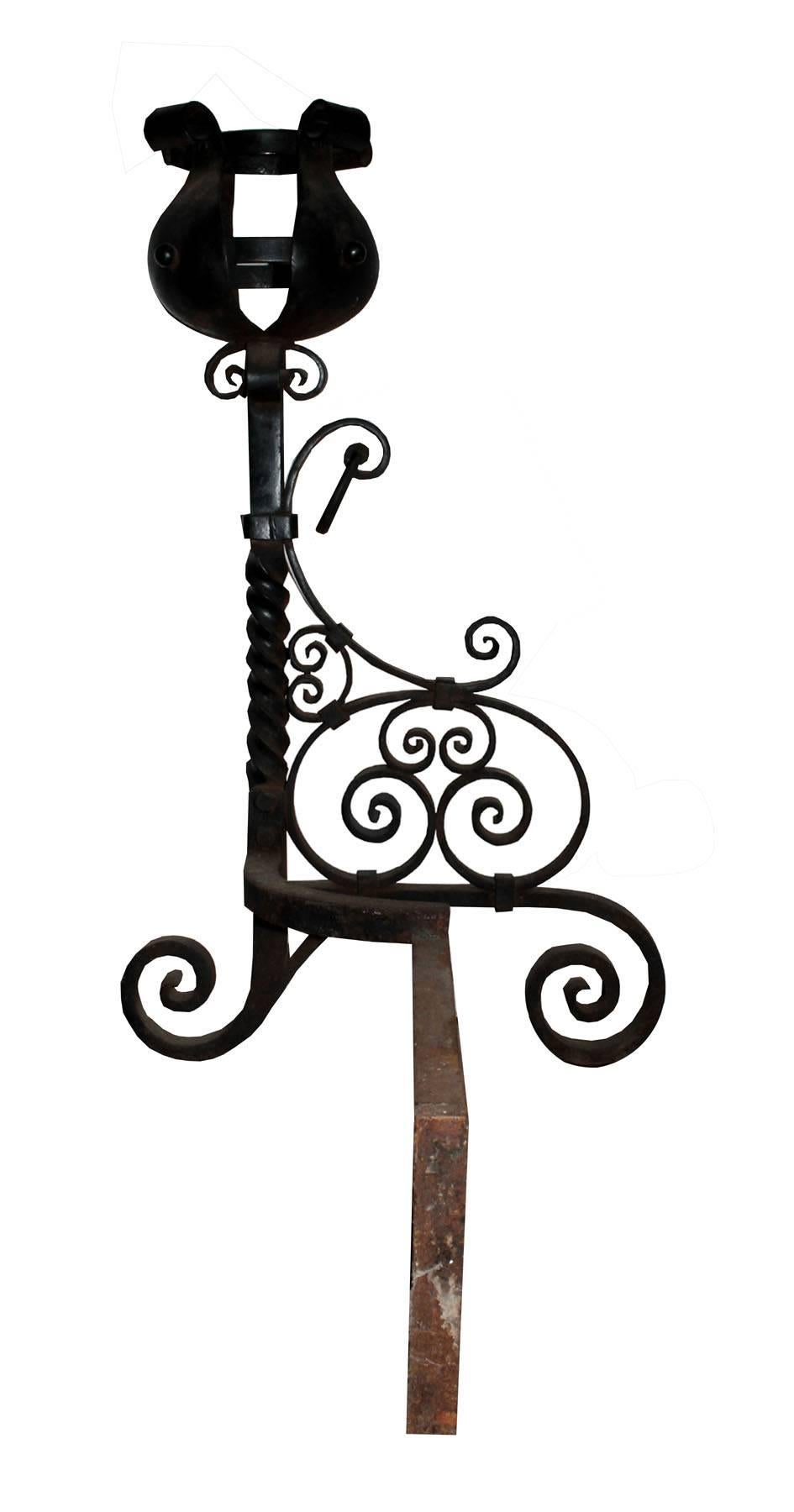 Large Late 19th Century Wrought Andirons  For Sale 1