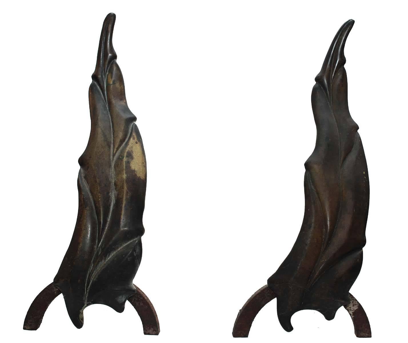 Unique heavy metal andirons, fabulous flame or leaf style, early circa 1880.
