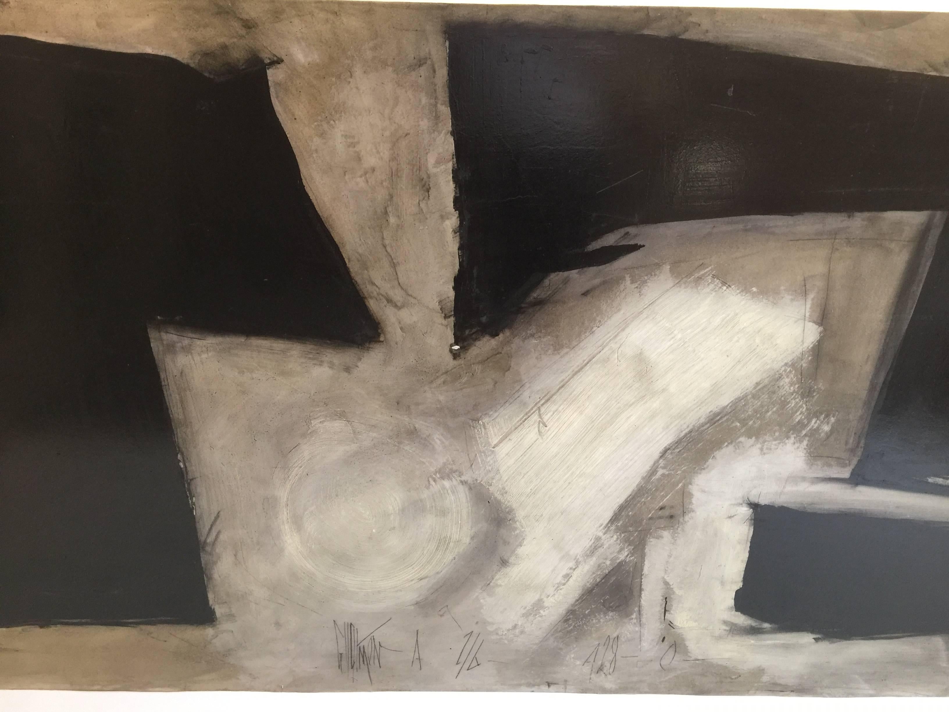 This large abstract on Masonite is done by Texas artist, Graham Harmon. The abstract painting was done in the 1960s. It is signed on the front and mounted with hanger on back. Measuring 4'x 7'.