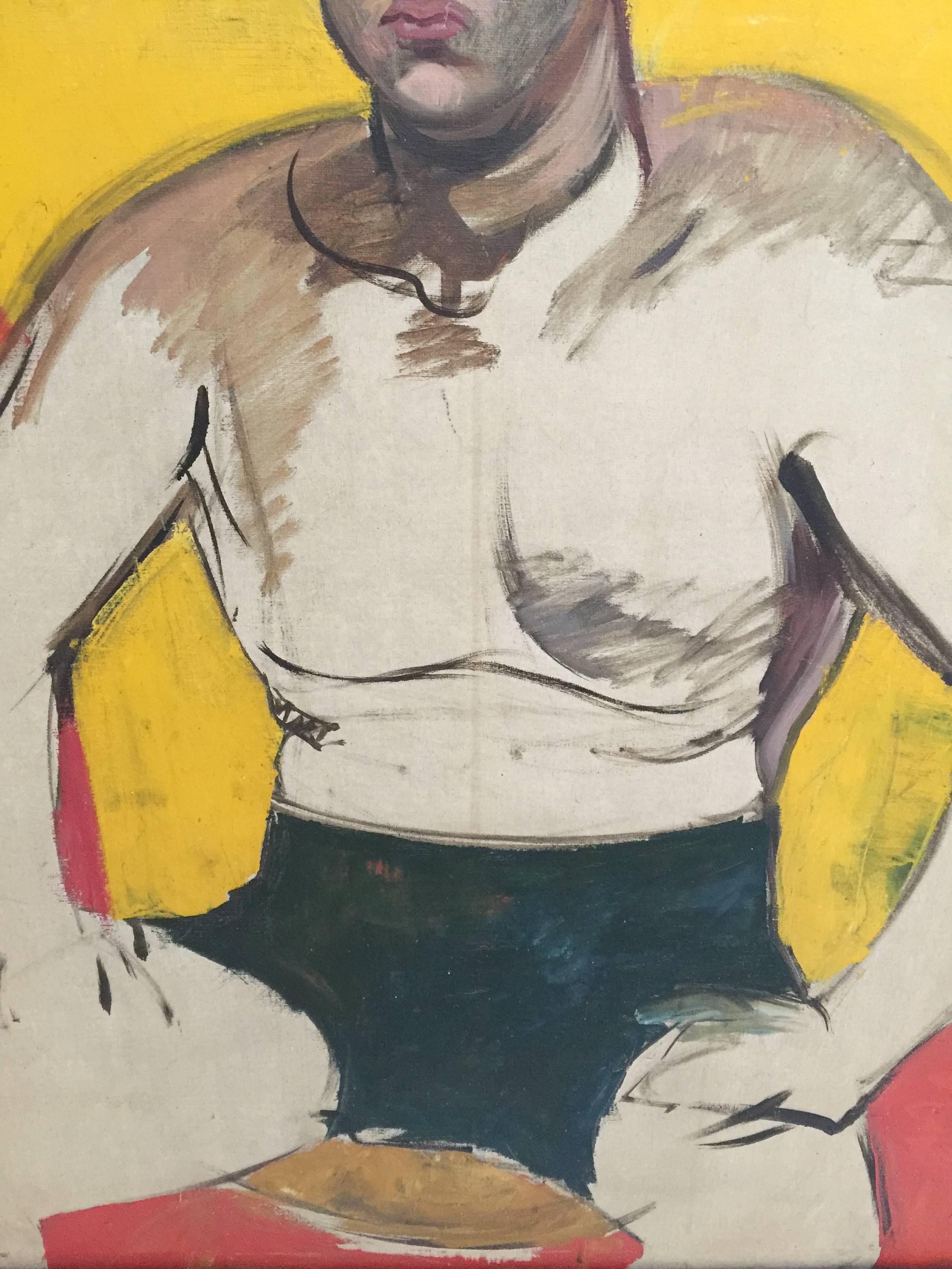 American WPA Artist Michael Chomyk, circa 1940 Huge Oil on Canvas Boxer or Swimmer