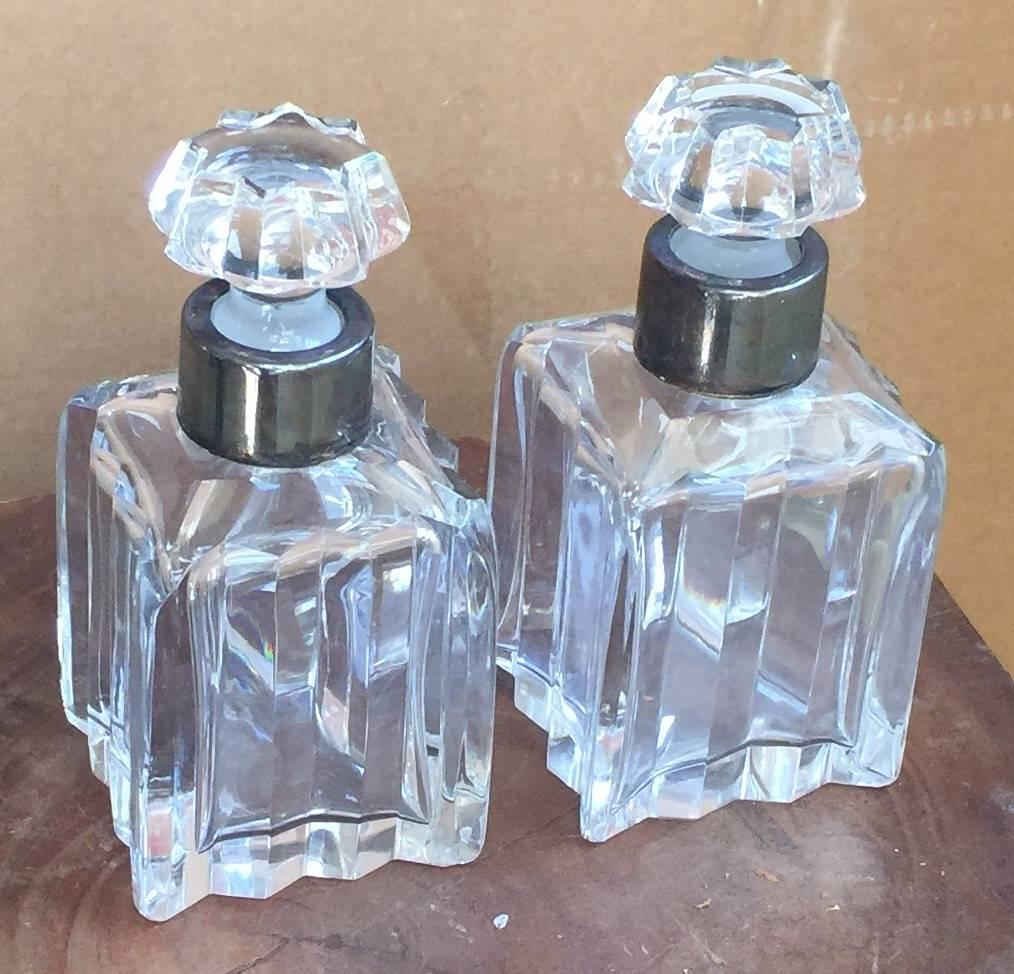 Silver Plate Pair of Diminutive Crystal Decanters Silver Collars West, Germany, 1970
