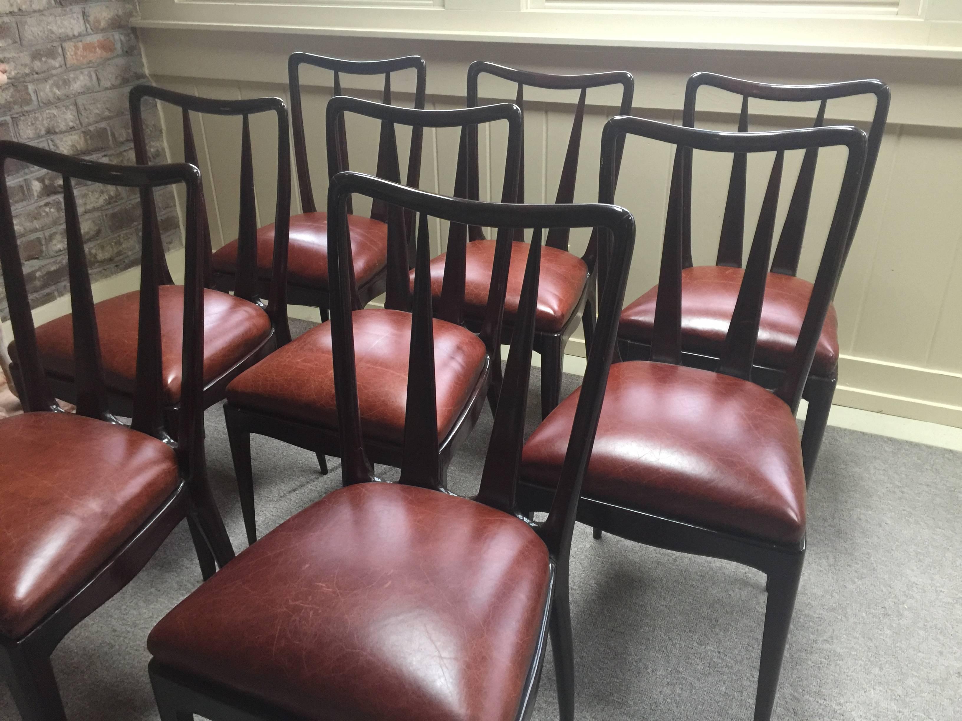 Mid-20th Century Eight Vittorio Dassi Italian Dining Chairs Leather Seats