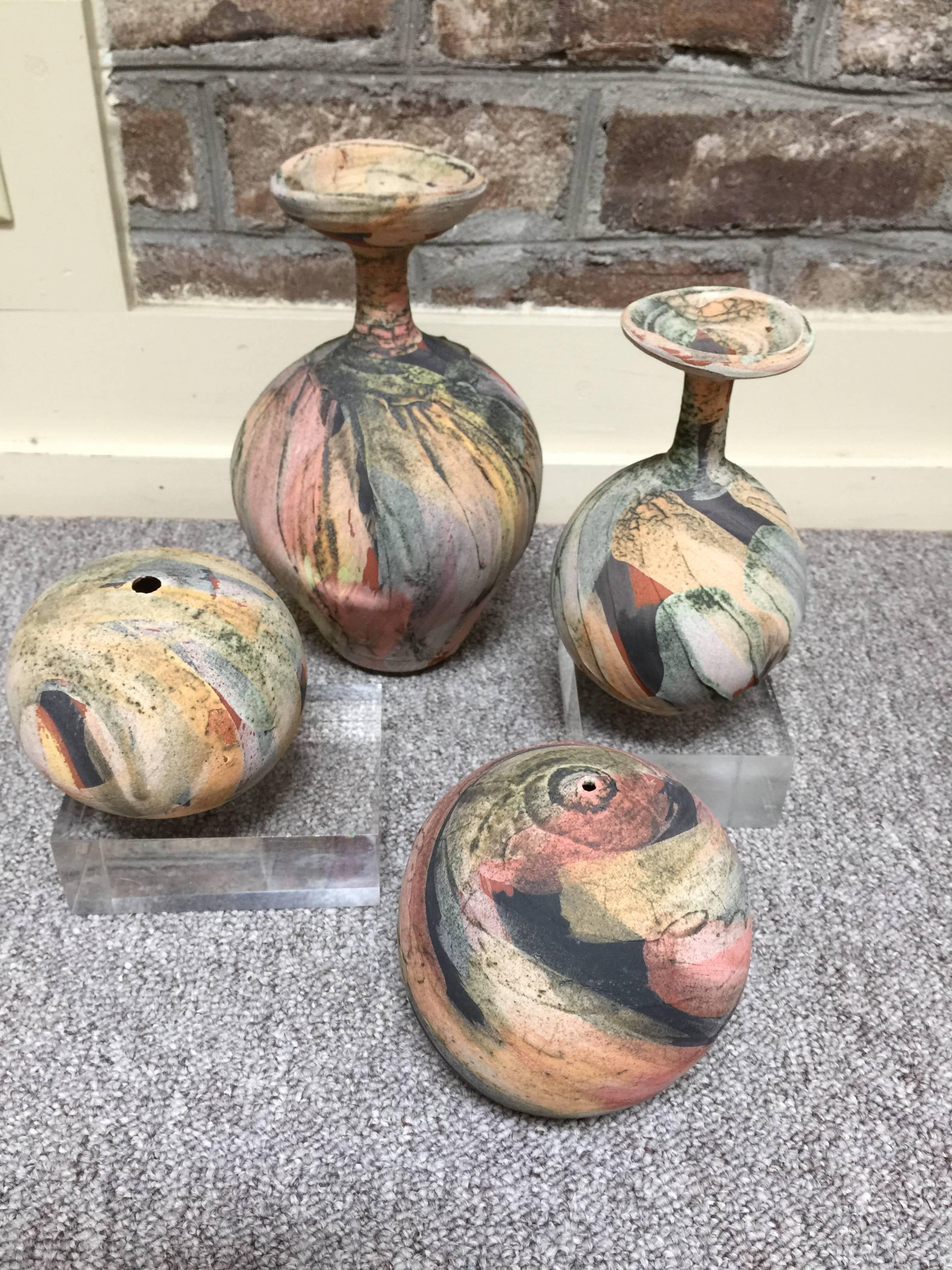 This wonderful grouping of pots has beautiful pastel tones and surface technique. Done by Arizona potter, Nicholas Bernard.
Measures: 10.5 x 7 x 7
8 x 5 x 5
6 x 6 x 6
4 x 5 x 5.