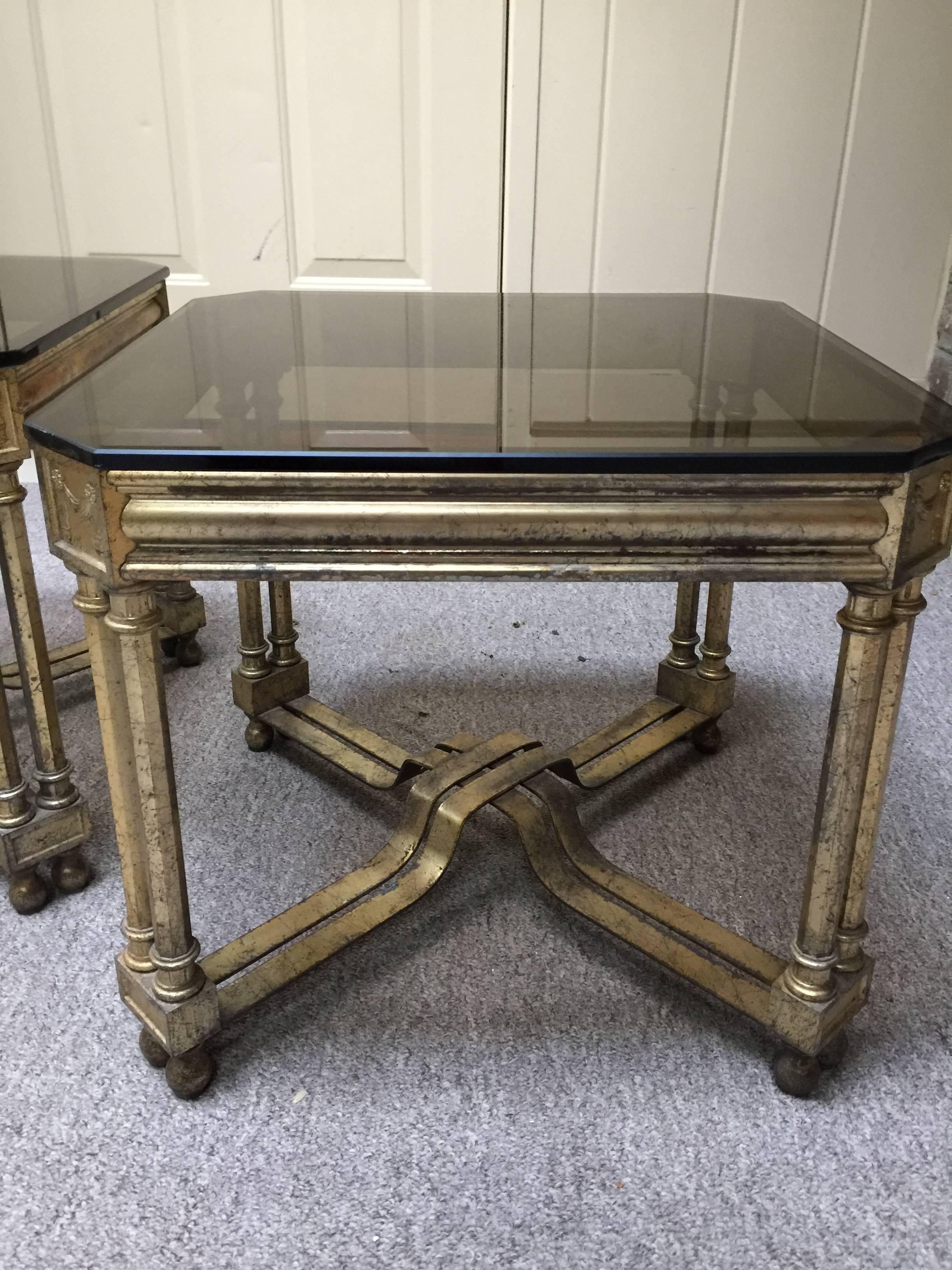 Metal Pair of Neoclassical Italian Side Tables Gold Finish Iron, 1960s For Sale