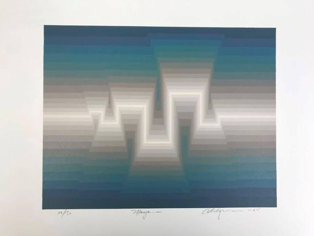 A very mesmerizing silk screen-print by American artist Roy Ahlgren. The print is hand signed, numbered (26/150) titled and dated 1984 by the artist. Will look fantastic in any setting.

Many of Ahlgren's abstract, geometrical compositions are