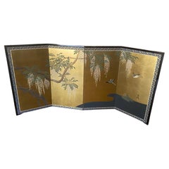 Japanese Asian Signed Four-Panel Folding Byobu Nature Tree Blossom Bird Screen
