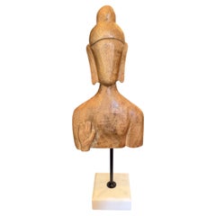 A Minimalist Buddhist Wood Carved Buddha Bust Statue Sculpture on Marble Base