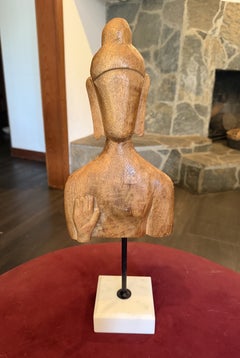 A Minimalist Buddhist Wood Carved Buddha Bust Statue Sculpture on Marble Base