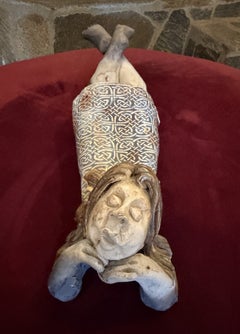 Mid-Century Modern Signed Whimsical Pottery Sculpture of Happy Reclining Woman