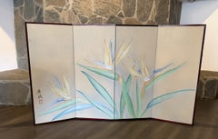 Japanese Chinese Asian Signed Four Panel Folding Byobu Bird of Paradise Screen