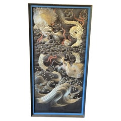 Japanese Chinese Asian Large Double Dragon Silk Embroidered Tapestry Embroidery