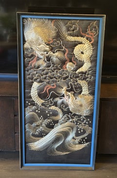Japanese Chinese Asian Large Double Dragon Silk Embroidered Tapestry Embroidery