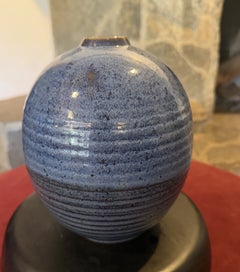 Mid-Century Modern Artisan Signed Blue Glazed Pottery Vase