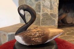 Vintage Signed Folk Art Wood Carved Preening Black Swan Decoy Sculpture