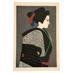 Kiyoshi Saito Signed Japanese Woodblock Print of Geisha Maiko Puppet Bunraku