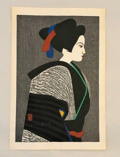 Kiyoshi Saito Signed Japanese Woodblock Print of Geisha Maiko Puppet Bunraku