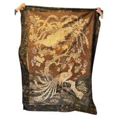 Japanese Asian Large Meiji Period Silk Embroidery Peacock Bird Flower Tapestry