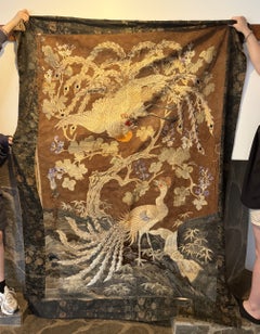 Japanese Asian Large Meiji Period Silk Embroidery Peacock Bird Flower Tapestry