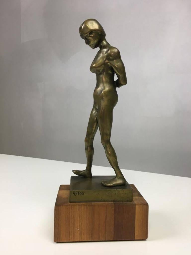 American Eli Karpel Signed Bronze of Standing Nude On Wood Swivel Base