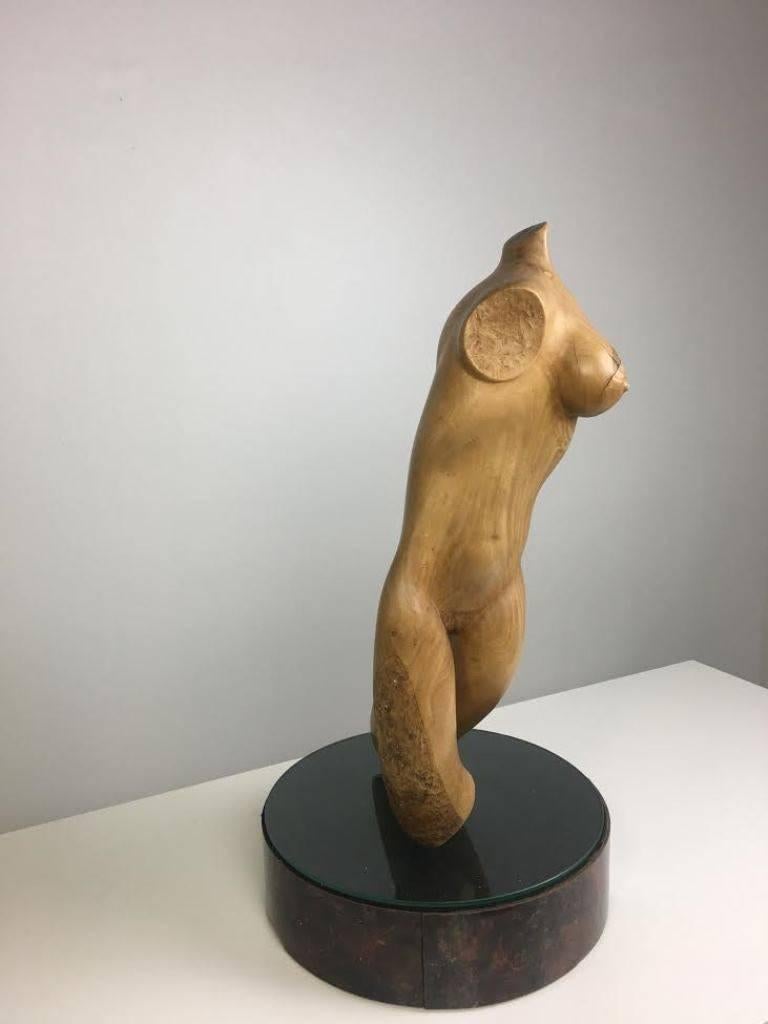 Beautiful, abstract figural, hand-carved wood sculpture of female nude torso on a swivel (appears to be male torso when viewed at a different angle). 

Signed by the artist under the base. 

A very beautifully designed, well-crafted work. Sure