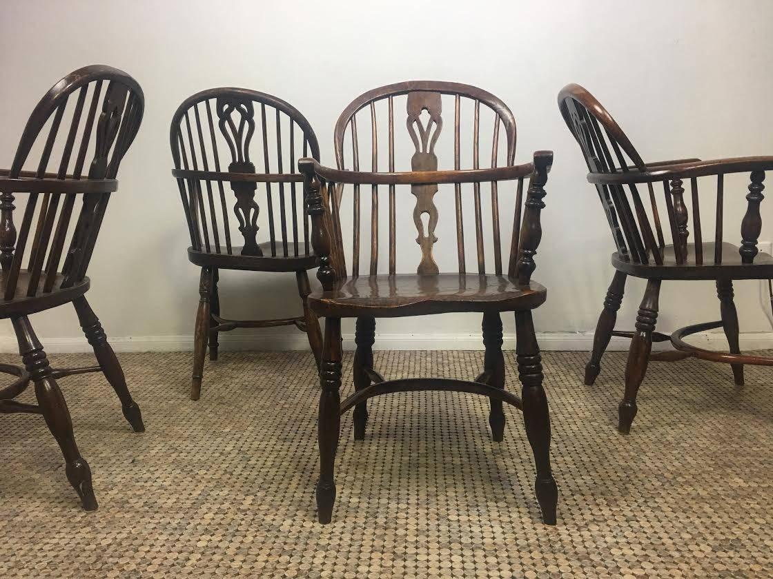English 19th Century Yew Wood Windsor Armchairs, Set of Four