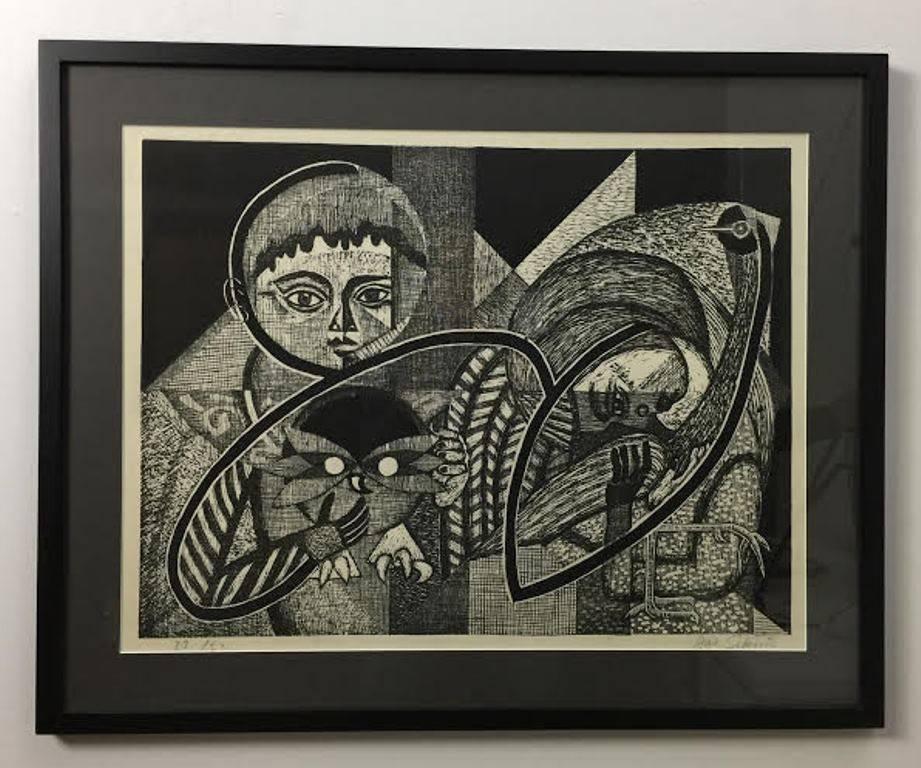 A very engaging, picassoesque black and white woodblock print by the famous Japanese artist Junichiro Sekino. This limited and rare print is pencil signed, sealed and numbered (33/50) by the artist as well as matted and framed. 

Sekino, who was