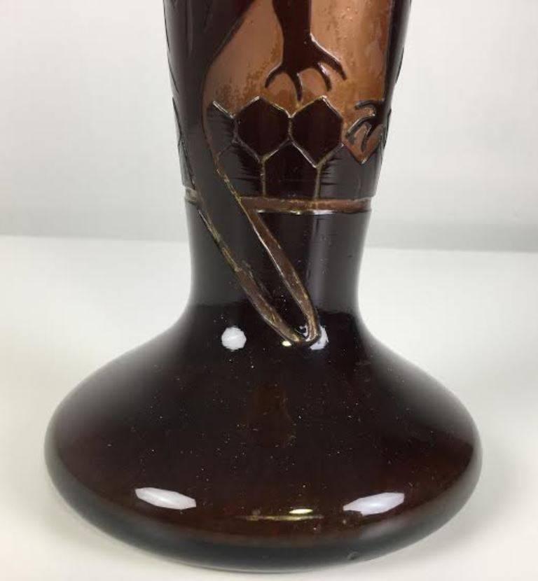 Hand-Crafted Charder Art Deco Signed Etched Colorful Dragonfly Glass Vase For Sale