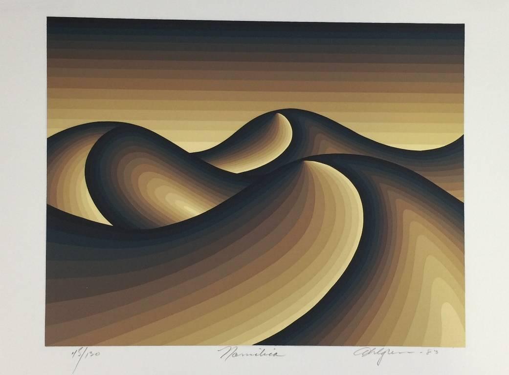 A very mesmerizing silk screen-print by American artist Roy Ahlgren. The print is hand signed, numbered (45/130), titled and dated (1983) by the artist. Will look stunning in any setting. 

Many of Ahlgren's abstract, geometrical compositions are