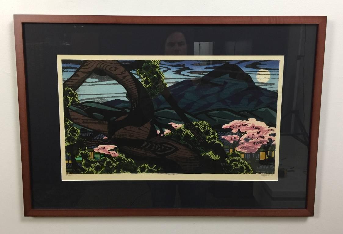 A beautiful, large woodblock print by American master printmaker Clifton Karhu who lived in Japan for over 50 years. Karhu's work gained great esteem not only in Japan but worldwide. This limited edition print is signed, dated, and numbered (27/60)