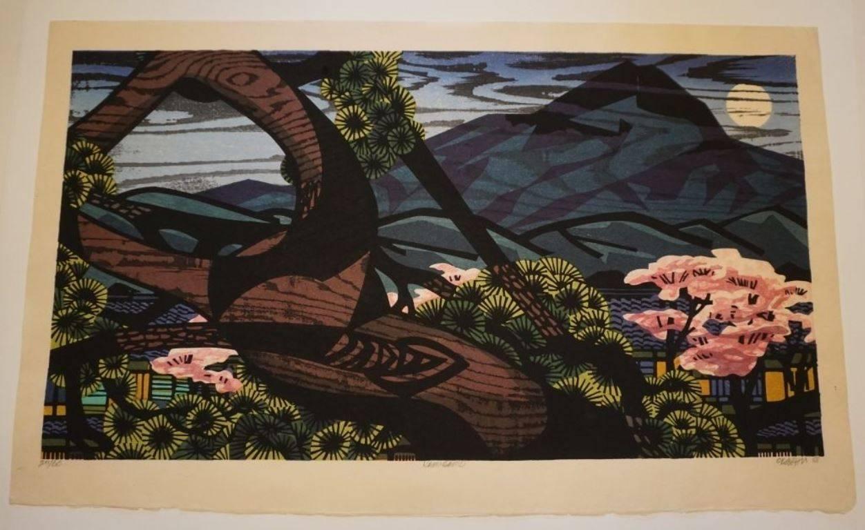 Showa Impression sur bois japonaise en édition limitée signée Clifton Karhu « Kamigano ». en vente