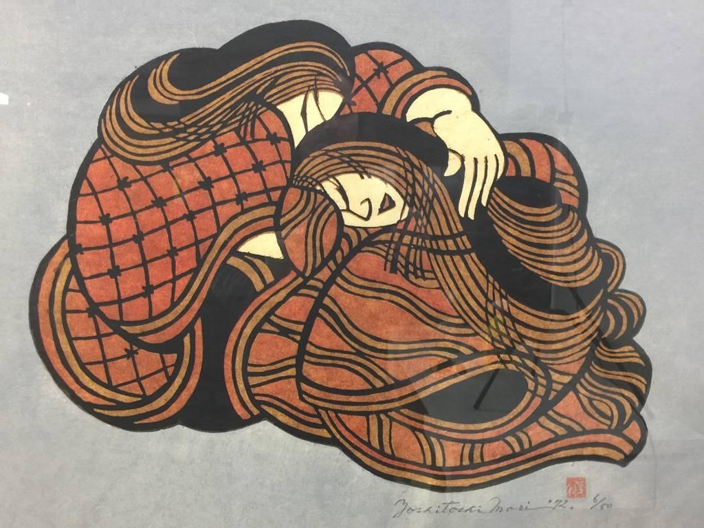 A relatively large, very vibrantly colored, gorgeously stylized and composed print by Japanese master printmaker Yoshitoshi Mori famed for his kappazuri stencil printing technique. In the 1950s Mori became one of the key artist in the Sosaku Hanga