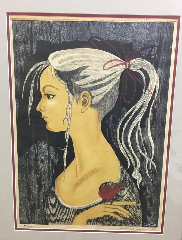 A very whimsical and elegantly composed portraiture/ print of a young girl with small red bird resting playfully on her finger. This print is signed, dated (1956) and numbered (25/100) by the artist. 

The print has been framed and matted
Framed
