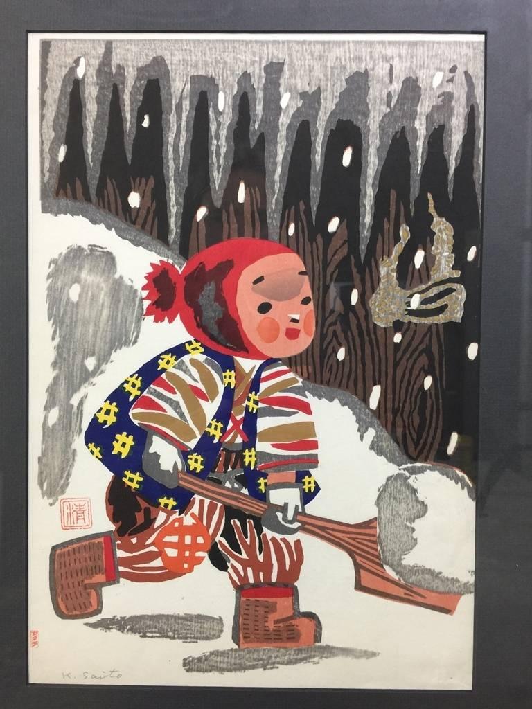 This is an early print by famed Japanese woodblock print master Kiyoshi Saito of a child playing in the snow - quite possibly from the series of children in the town of Aizu Saito he did in the mid-1940s. The print is sealed and pencil signed by the