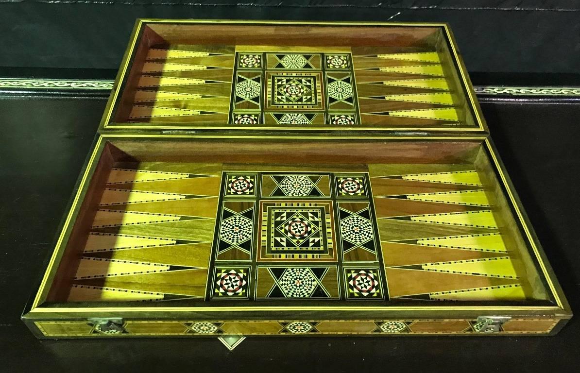 Bone Syrian Inlaid Mosaic Backgammon and Chess Wooden Game Board/ Box