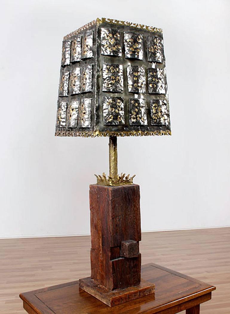 Late 20th Century Torch Cut Brutalist Table Lamp with Nakashima Style Wood Base